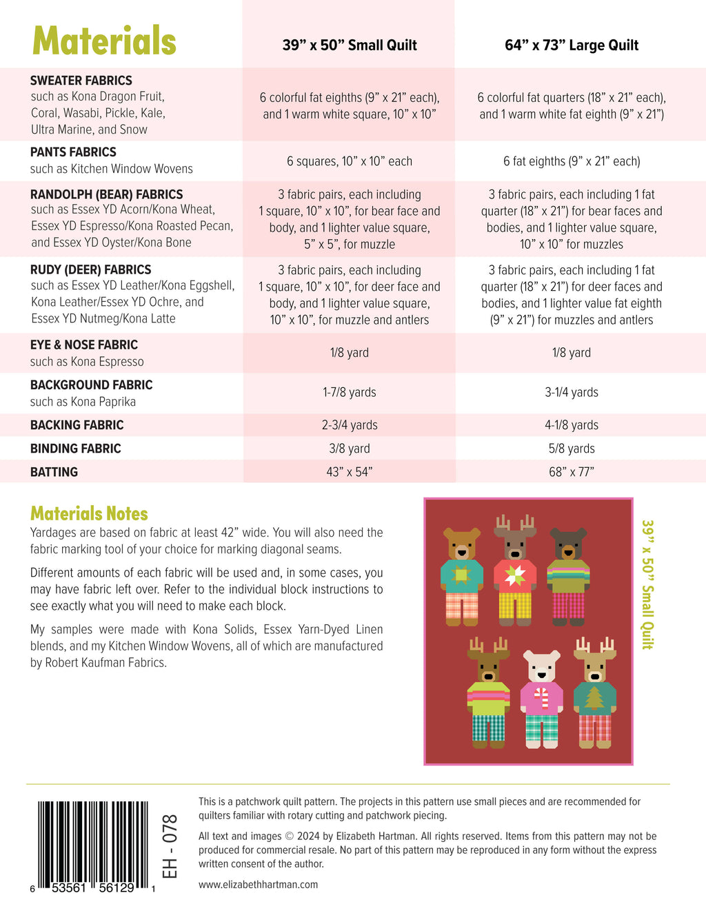 Randolph & Rudy EH078 — quilt sizes and fabric requirements