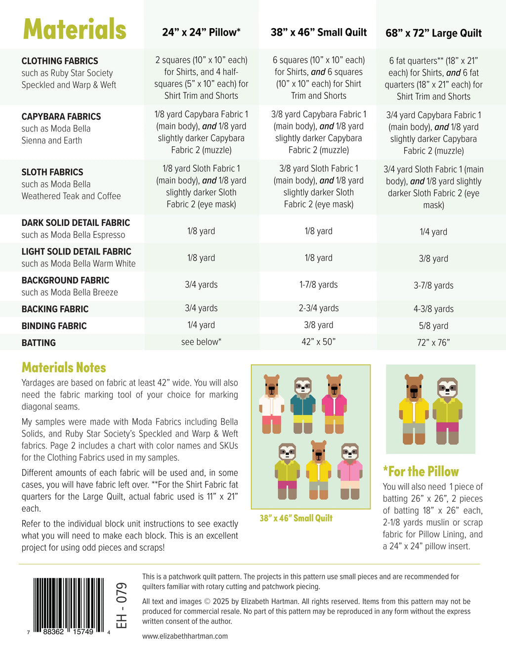 Capybara & Sloth EH079 quilt sizes and fabric requirements