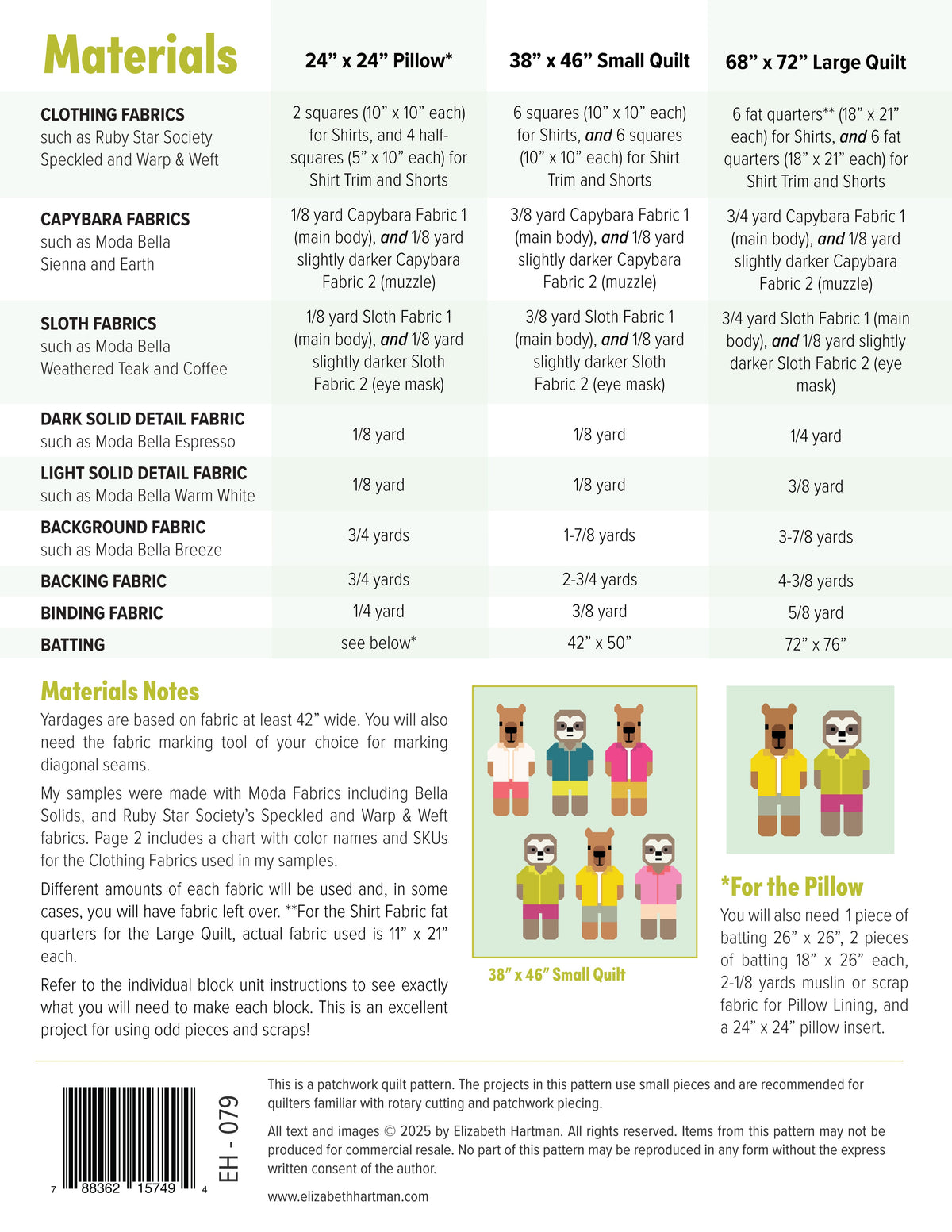 Capybara & Sloth EH079 quilt sizes and fabric requirements