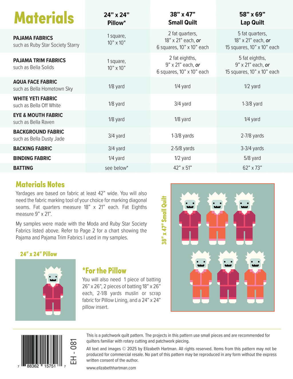 Yetis in Pajamas EH081 quilt sizes and fabric requirements