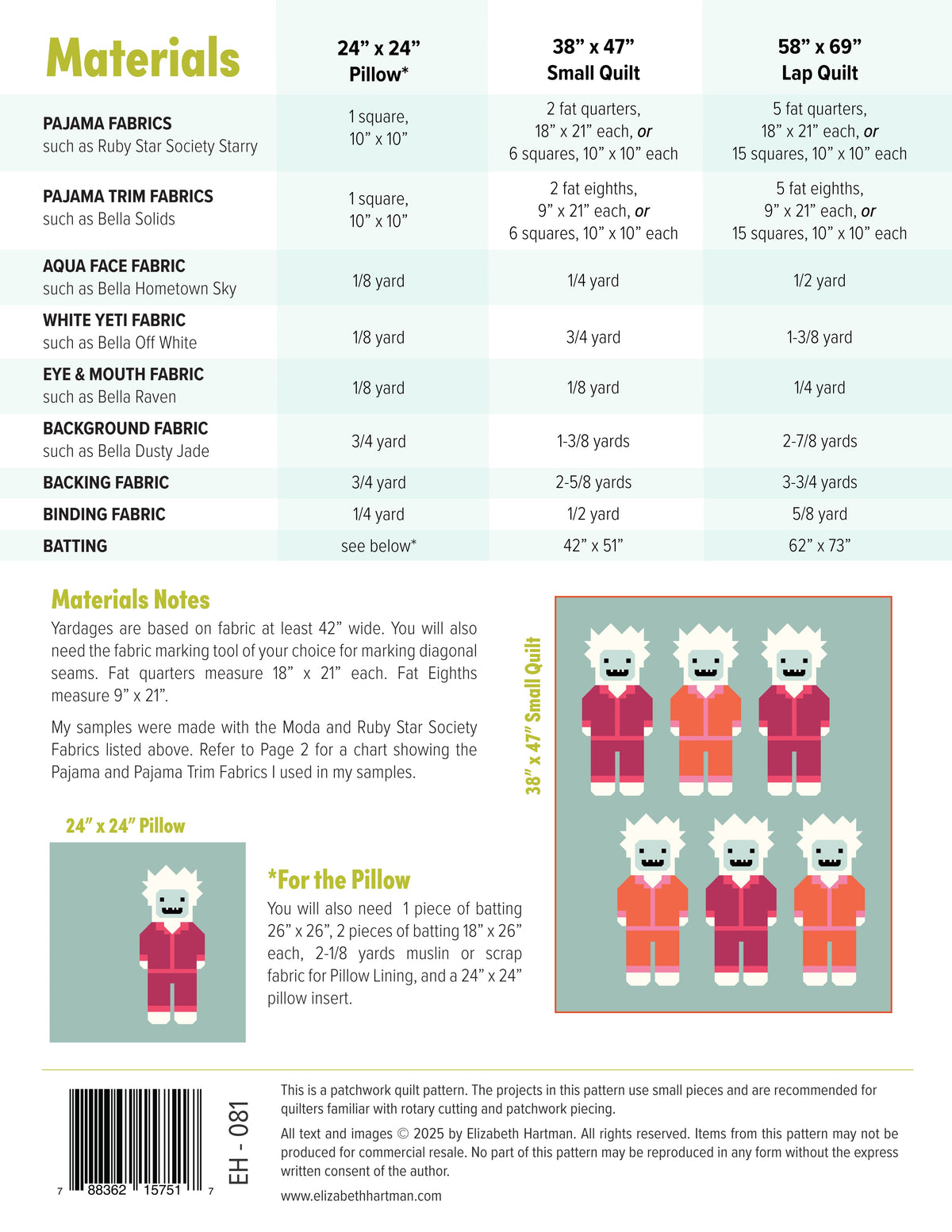 Yetis in Pajamas EH081 quilt sizes and fabric requirements