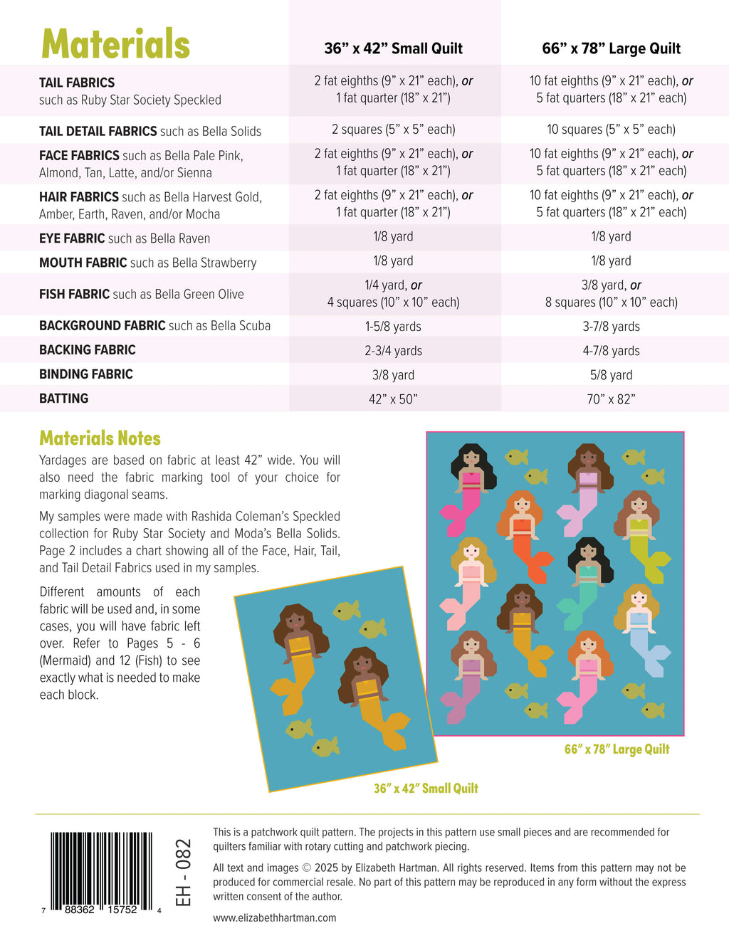 Mermaids EH082 quilt sizes and fabric requirements
