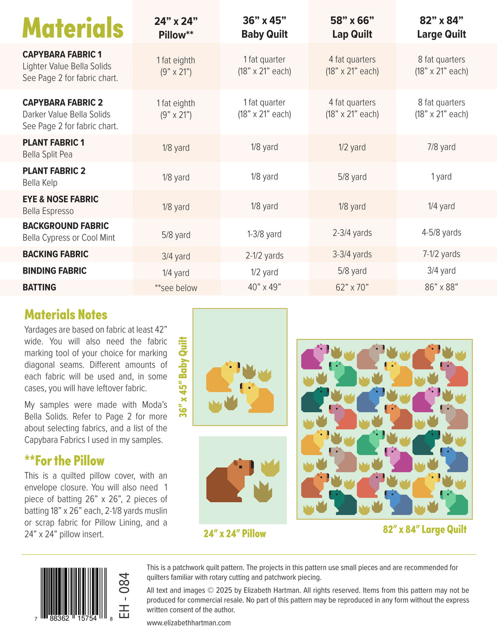 Capybara Club EH084 quilt sizes and fabric requirements