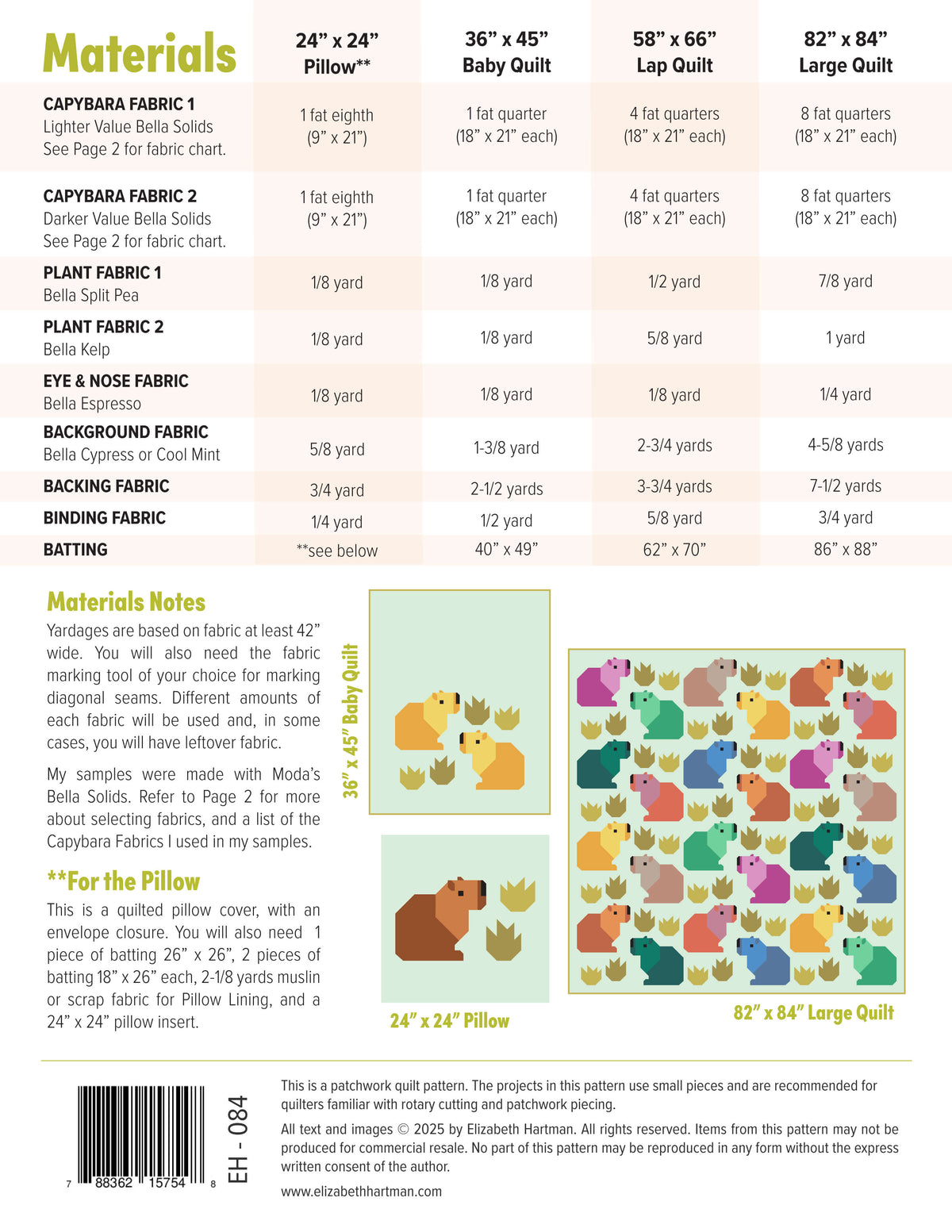 Capybara Club EH084 quilt sizes and fabric requirements