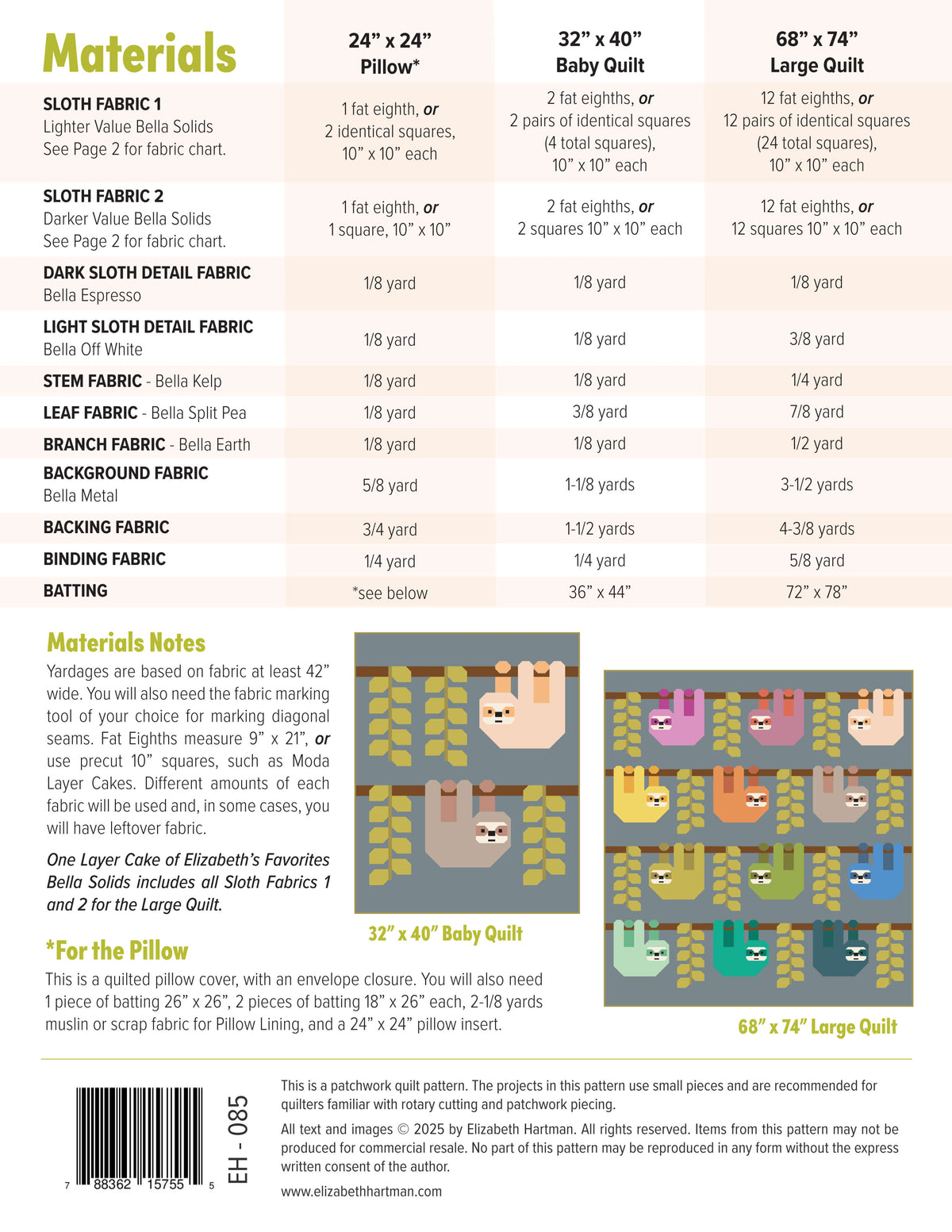 Snuggly Sloths EH085 quilt sizes and fabric requirements