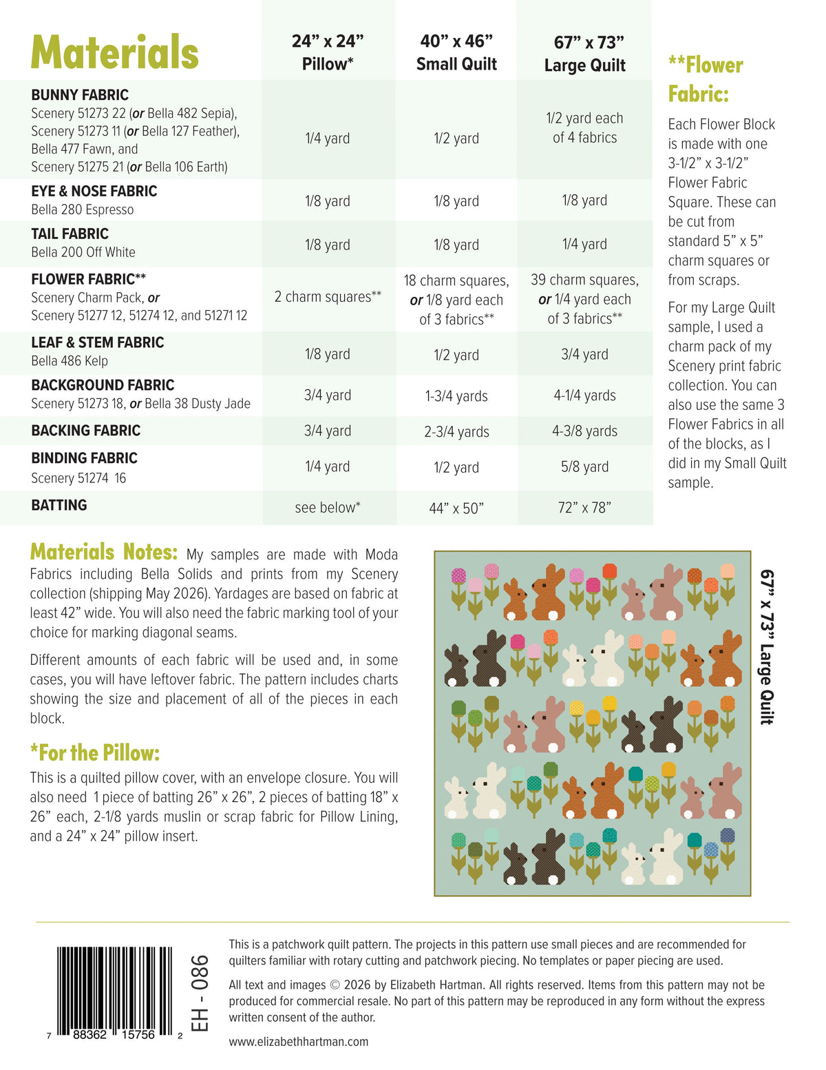 Cottontails EH086 quilt sizes and fabric requirements