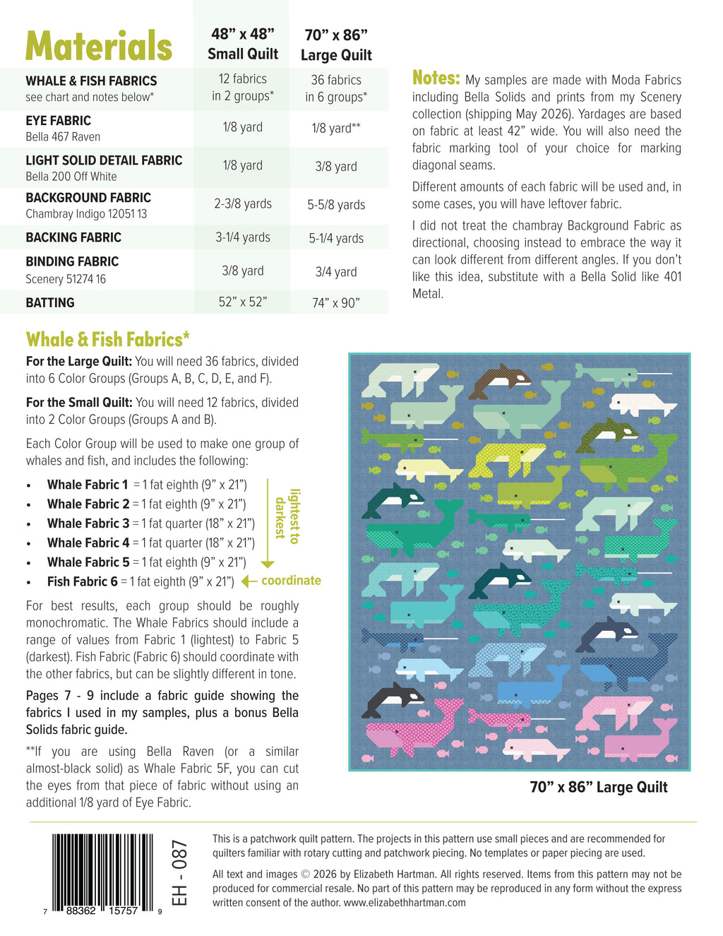 Whale Watching EH087 quilt sizes and fabric requirements