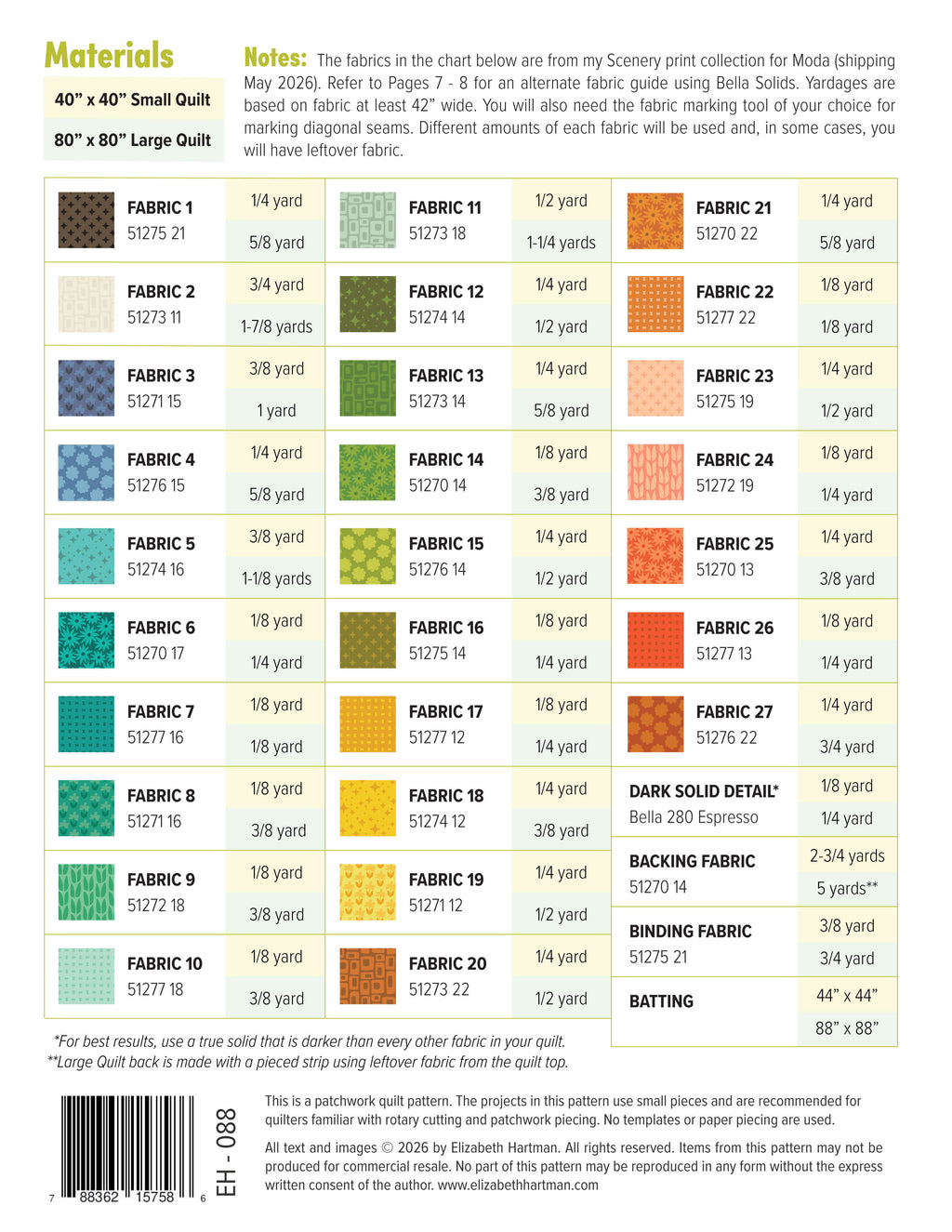 Outdoors EH088 quilt sizes and fabric requirements