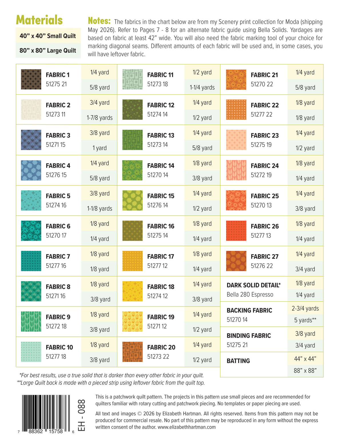 Outdoors EH088 quilt sizes and fabric requirements