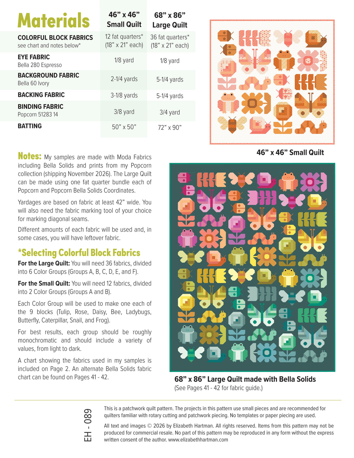 Busy Backyard EH089 quilt sizes and fabric requirements