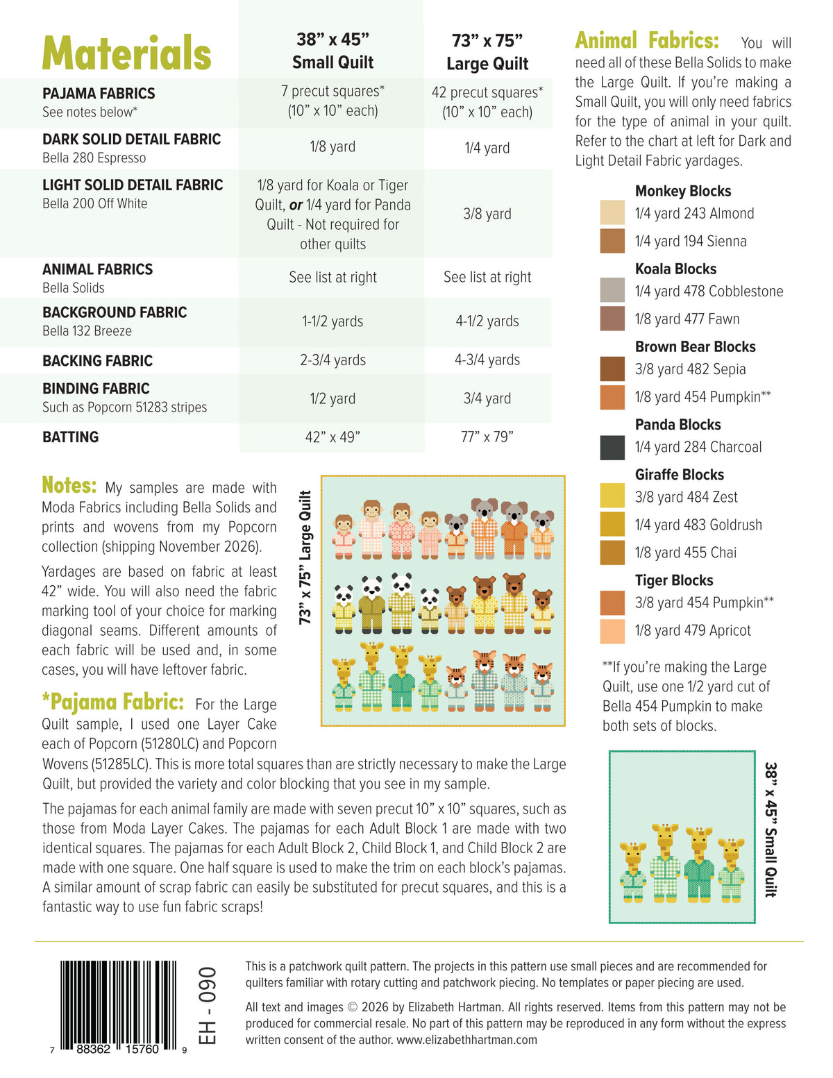 Pajama Party EH090 quilt sizes and fabric requirements