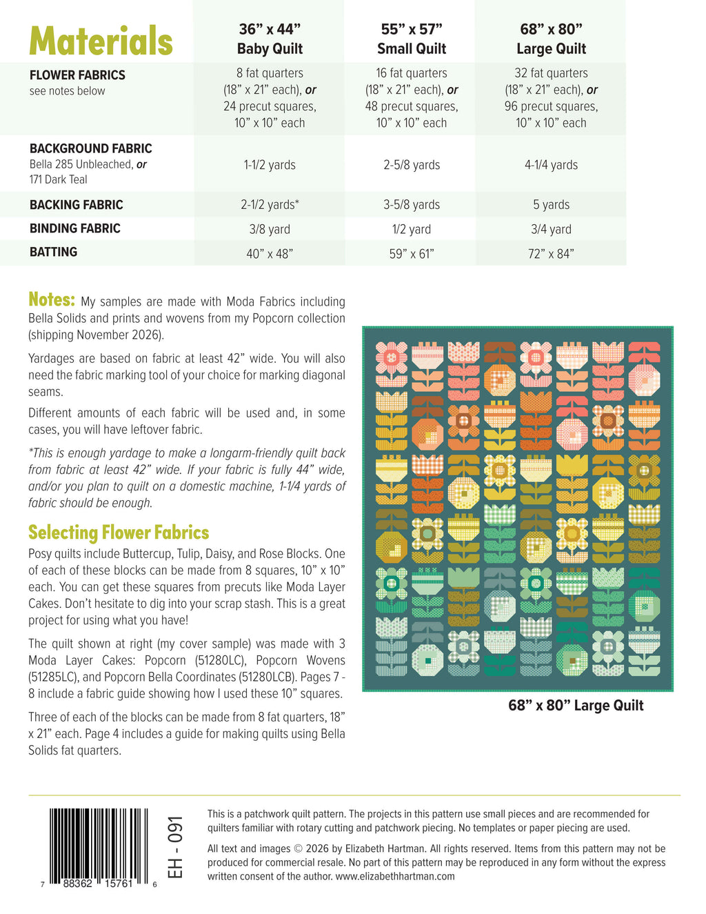 Posy EH091 quilt sizes and fabric requirements