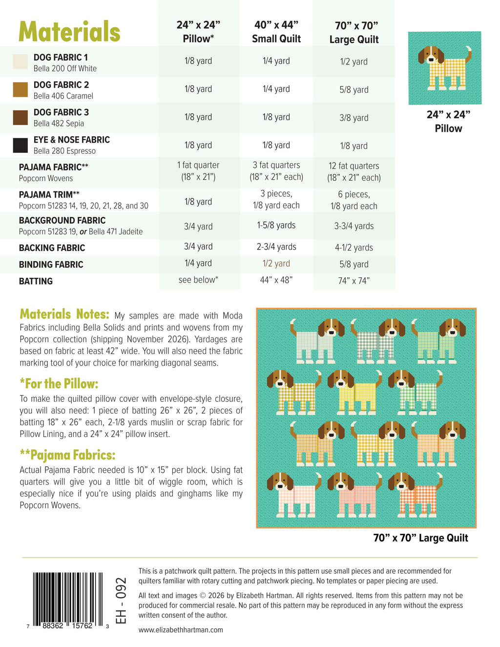 Pups in Pajamas EH092 quilt sizes and fabric requirements