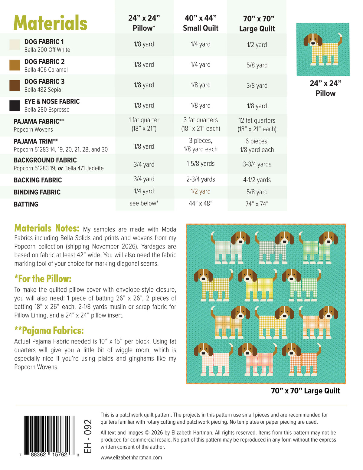 Pups in Pajamas EH092 quilt sizes and fabric requirements