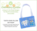 Embroidery Garden Tooth Fairy Pillow in-the-hoop embroidery design with quilted blue pillow, appliqué tooth, pocket and ribbon hanger