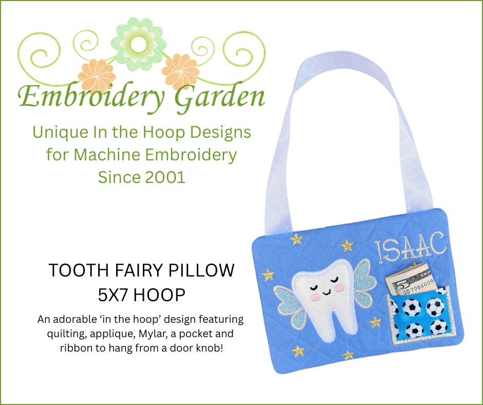 Embroidery Garden Tooth Fairy Pillow in-the-hoop embroidery design with quilted blue pillow, appliqué tooth, pocket and ribbon hanger
