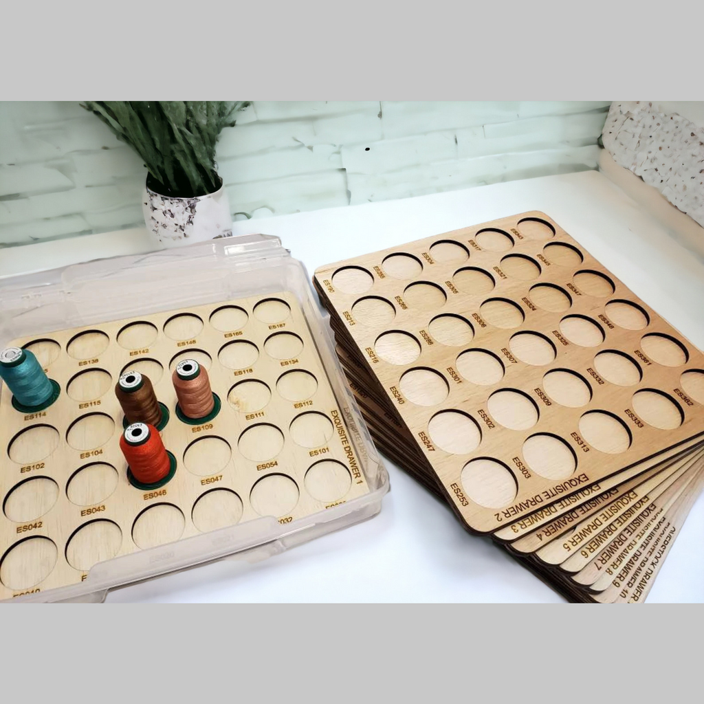 Exquisite Embroidery Thread Storage Trays, 360 Spools — tray in a clear case beside stacked trays
