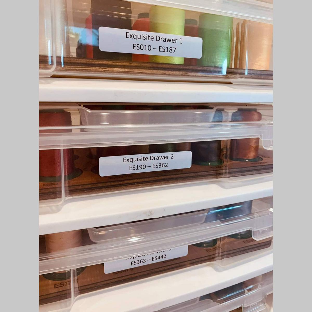 Exquisite Embroidery Thread Storage Trays, 360 Spools — close-up of Exquisite drawer labels on a storage cart