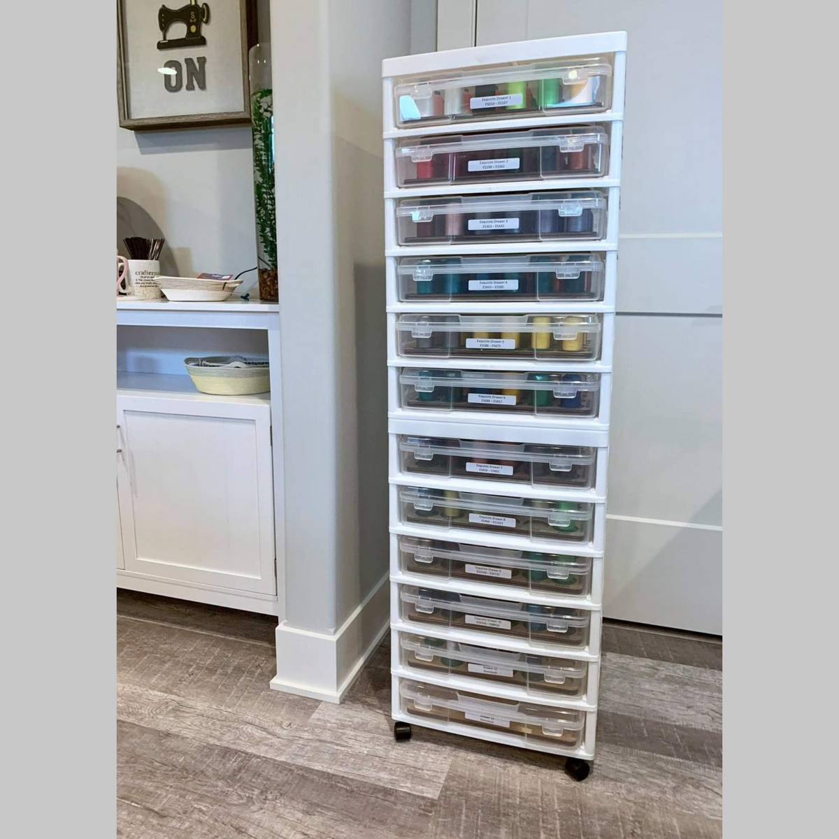 Stacked drawer carts holding thread, furniture shown for context, for Hemingworth Numbered Thread Storage Trays, 360 Spools