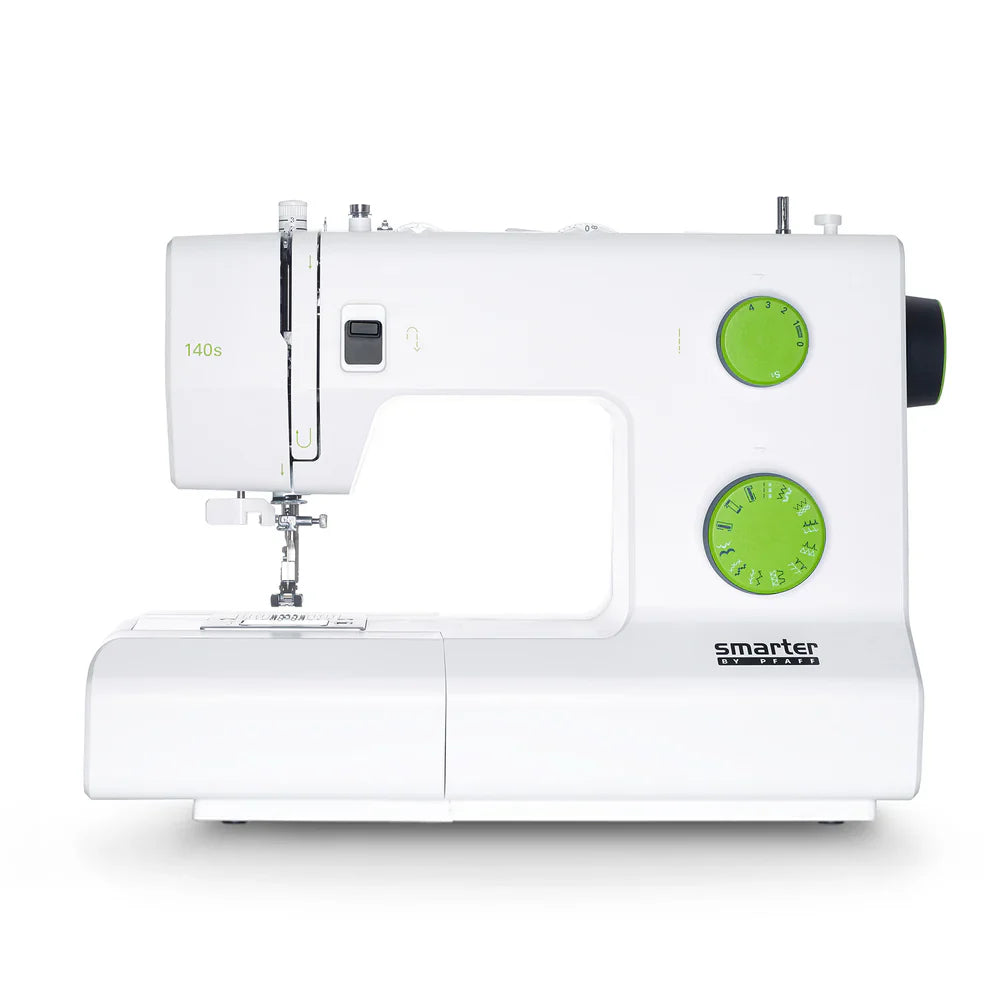 White sewing machine with green controls on a white background