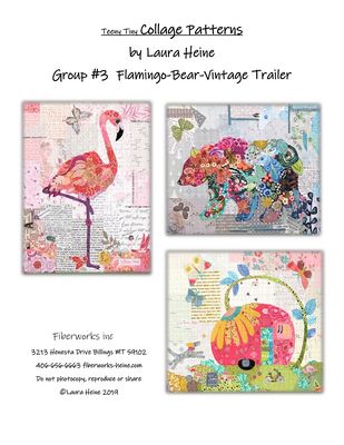 Teeny Tiny Collage Group 3: Bear, Flamingo & Vintage Trailer by Laura Heine — pattern cover and finished project