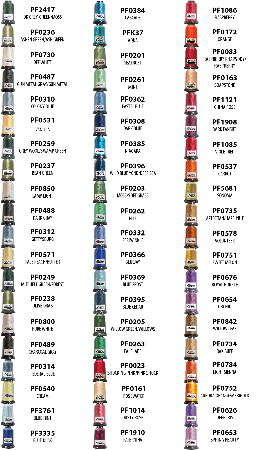 Floriani Brilliant Shorelines 60-Spool Embroidery Thread Set — Volume 2 — manufacturer color chart
