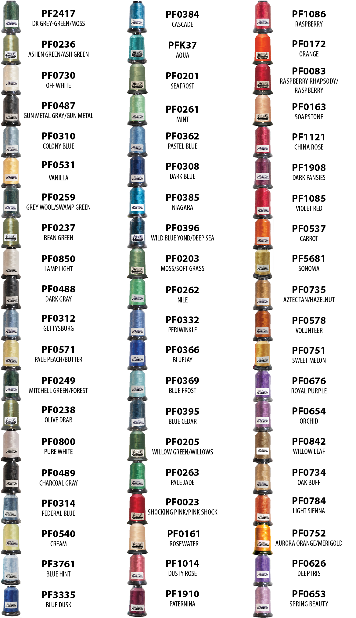 Floriani Brilliant Shorelines 60-Spool Embroidery Thread Set — Volume 2 — manufacturer color chart