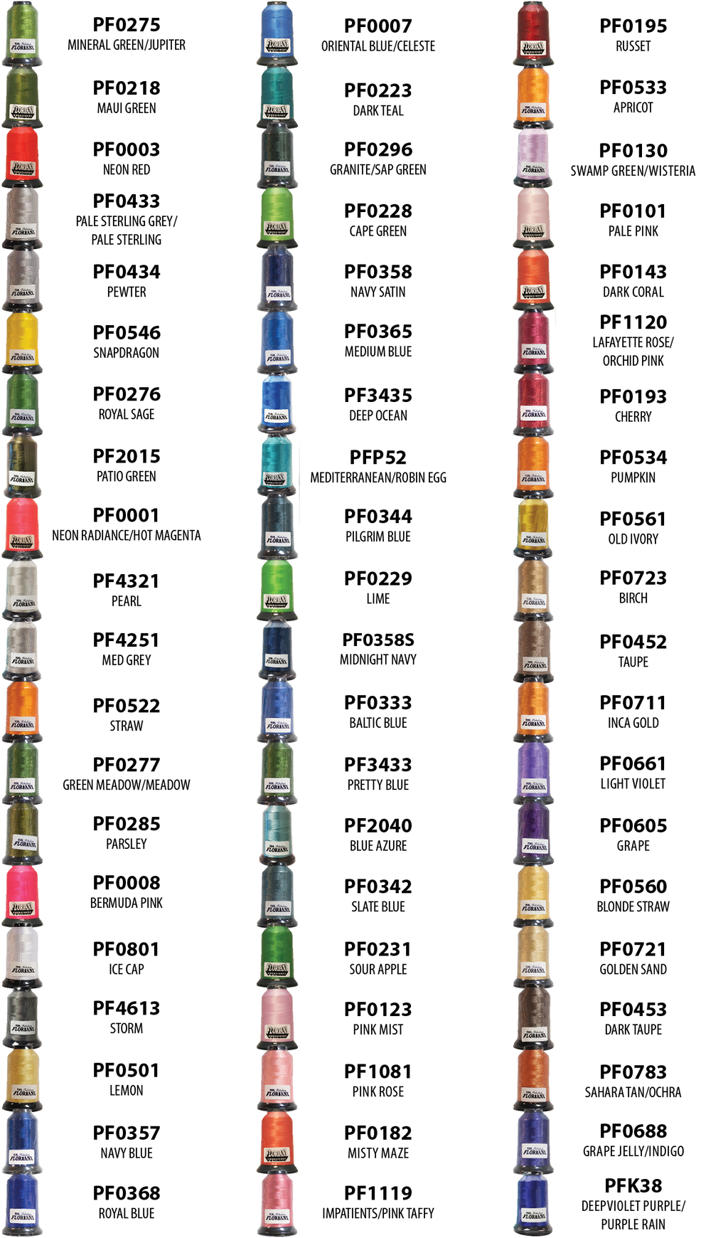 Floriani Dusky Delights 60-Spool Embroidery Thread Set — Volume 4 — manufacturer color chart