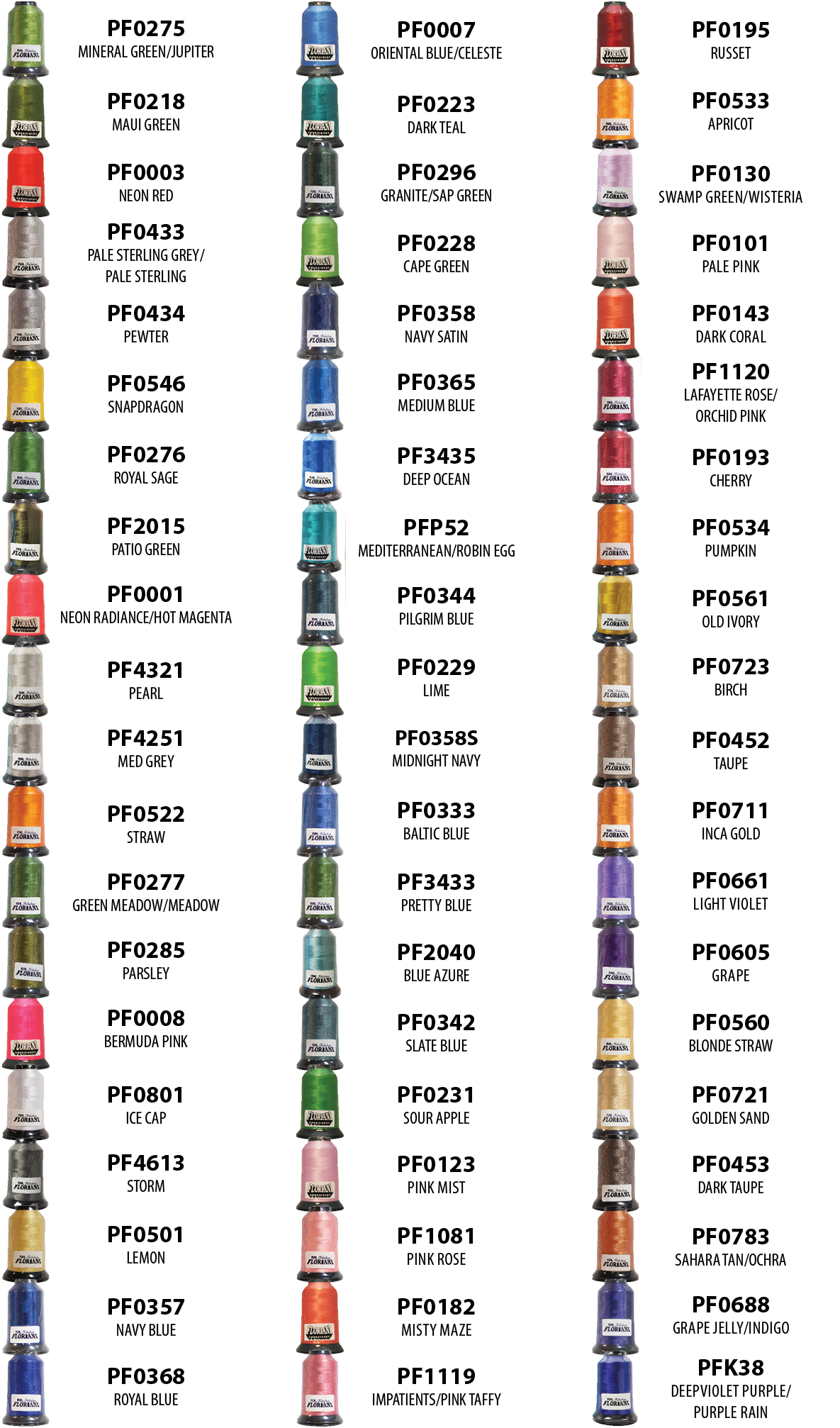 Floriani Dusky Delights 60-Spool Embroidery Thread Set — Volume 4 — manufacturer color chart