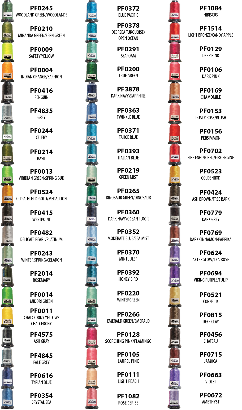 Floriani Vivid Layers 60-Spool Embroidery Thread Set — Volume 6 — manufacturer color chart