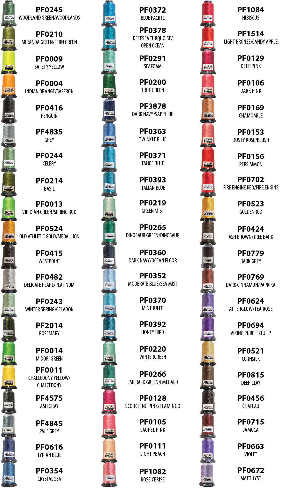 Floriani Vivid Layers 60-Spool Embroidery Thread Set — Volume 6 — manufacturer color chart
