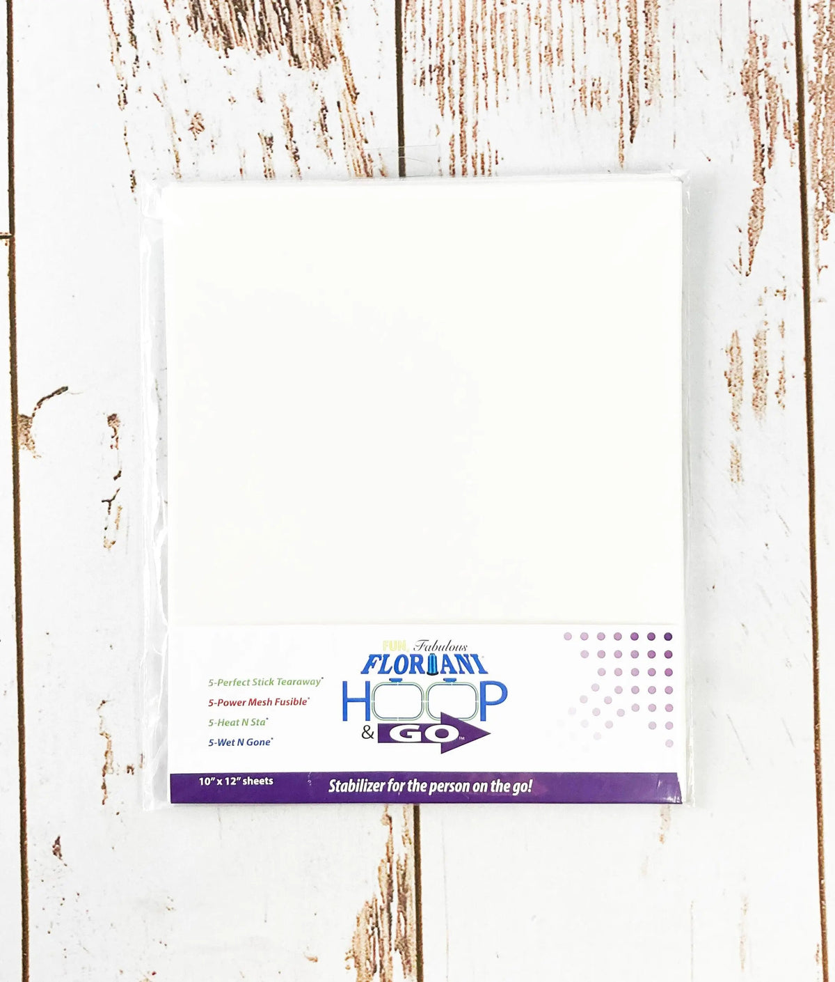 Floriani Hoop N Go assortment — five sheets each of Perfect Stick Tearaway, Power Mesh Fusible, Heat N Sta and Wet N Gone; 10 × 12-inch pack shown