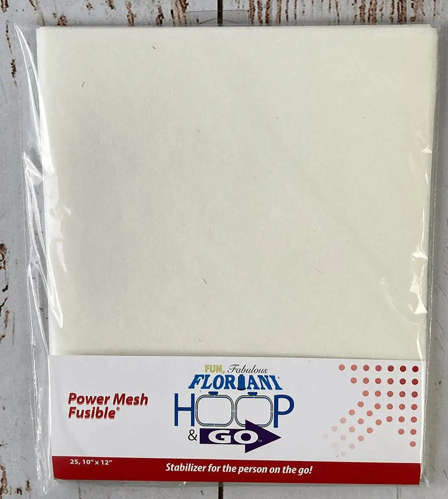Floriani Hoop N Go Power Mesh Natural Fusible — 25-sheet pack, 10 × 12-inch size shown