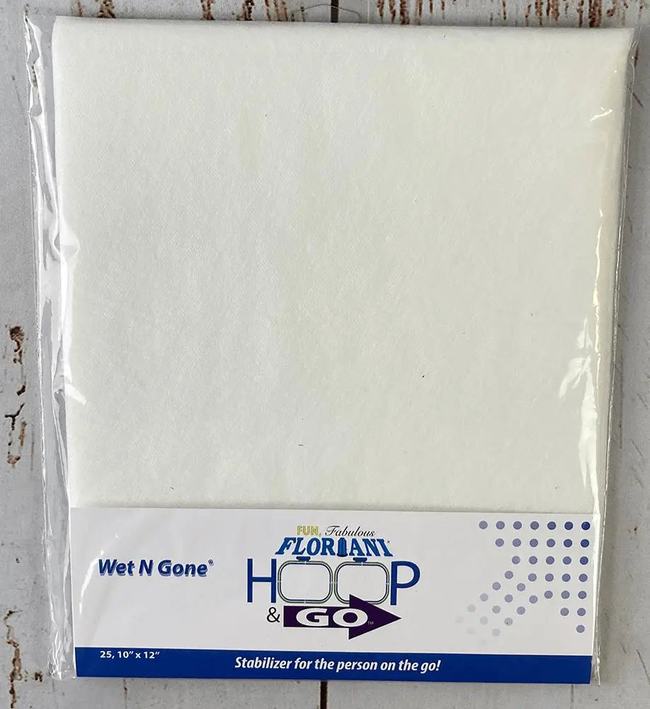 Floriani Hoop N Go Wet N Gone — 25-sheet pack, 10 × 12-inch size shown