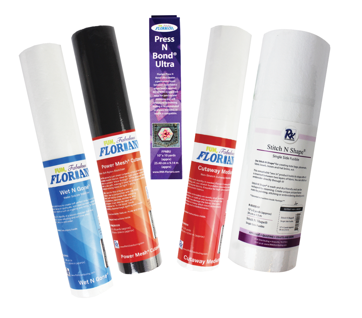 Floriani Patches and Postcards bundle — five included stabilizer and bonding products