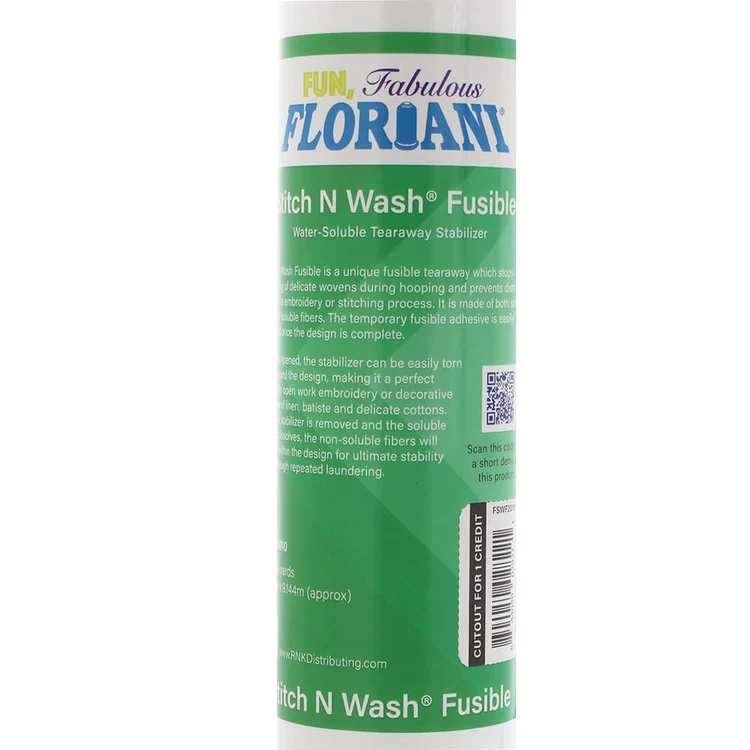 Close-up of the Floriani Stitch N Wash Fusible stabilizer product label