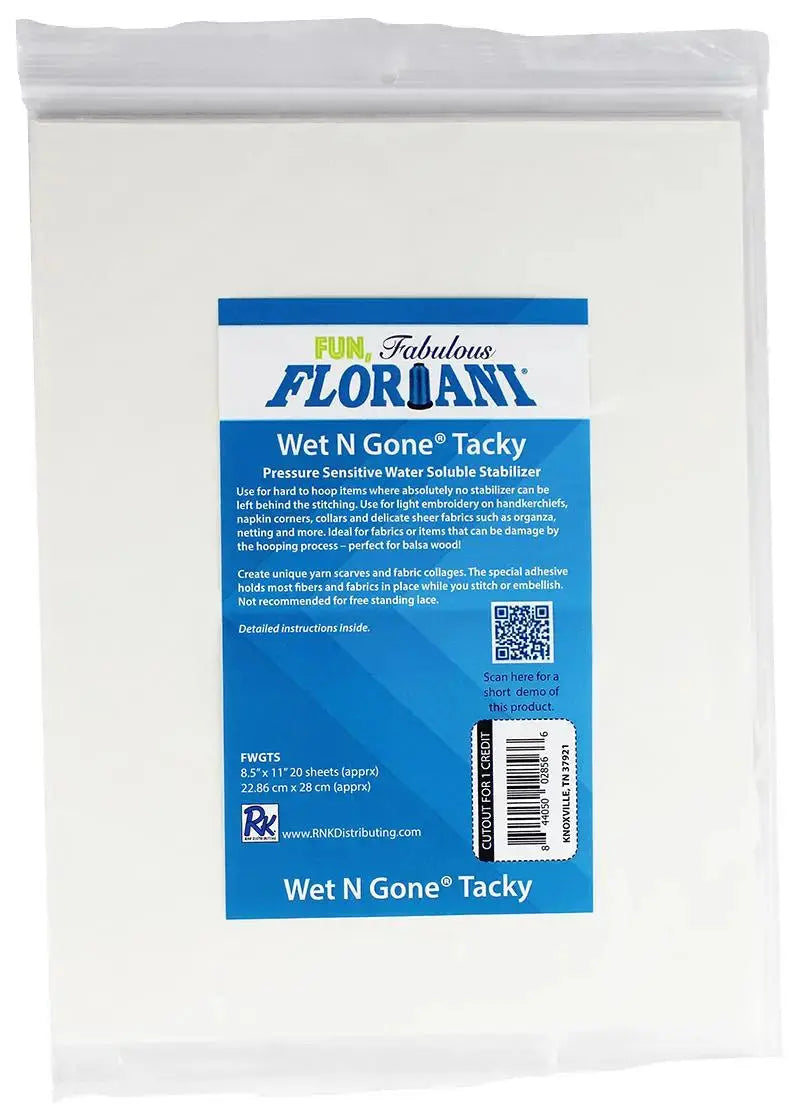 Floriani Wet N Gone Tacky printable stabilizer — 20 sheets, 8.5 × 11 inches