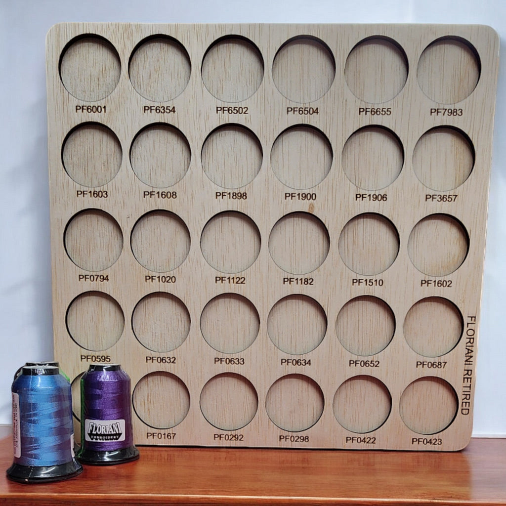 Floriani Retired Colors Thread Storage Tray, 30 Spools — front view of tray with sample spools