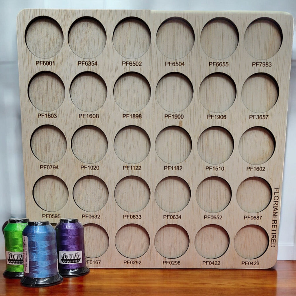Floriani Retired Colors Thread Storage Tray, 30 Spools — numbered tray with sample retired-color thread spools