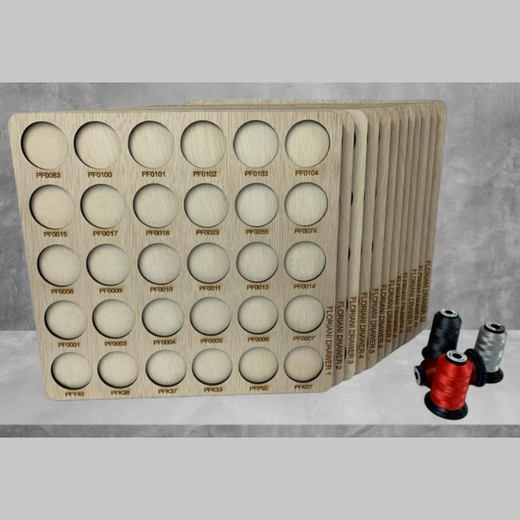 Floriani Numbered Thread Storage Trays, 360 Spools — numbered wooden trays with red and black thread samples