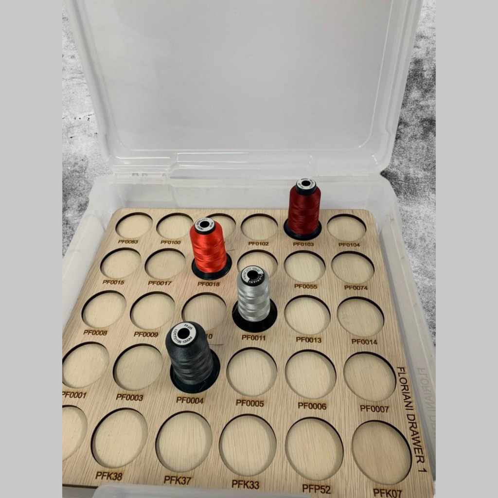 Floriani Numbered Thread Storage Trays, 360 Spools — tray and sample spools inside an open case