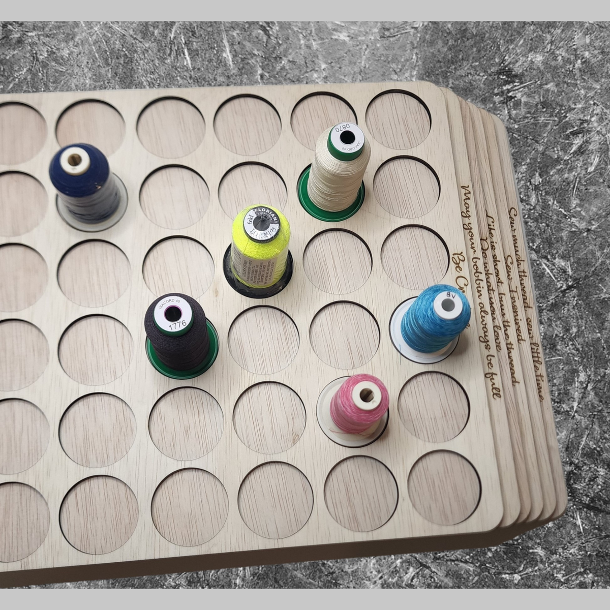 Embroidery Thread Storage Trays, Set of 6 — overhead view with several sample thread spools