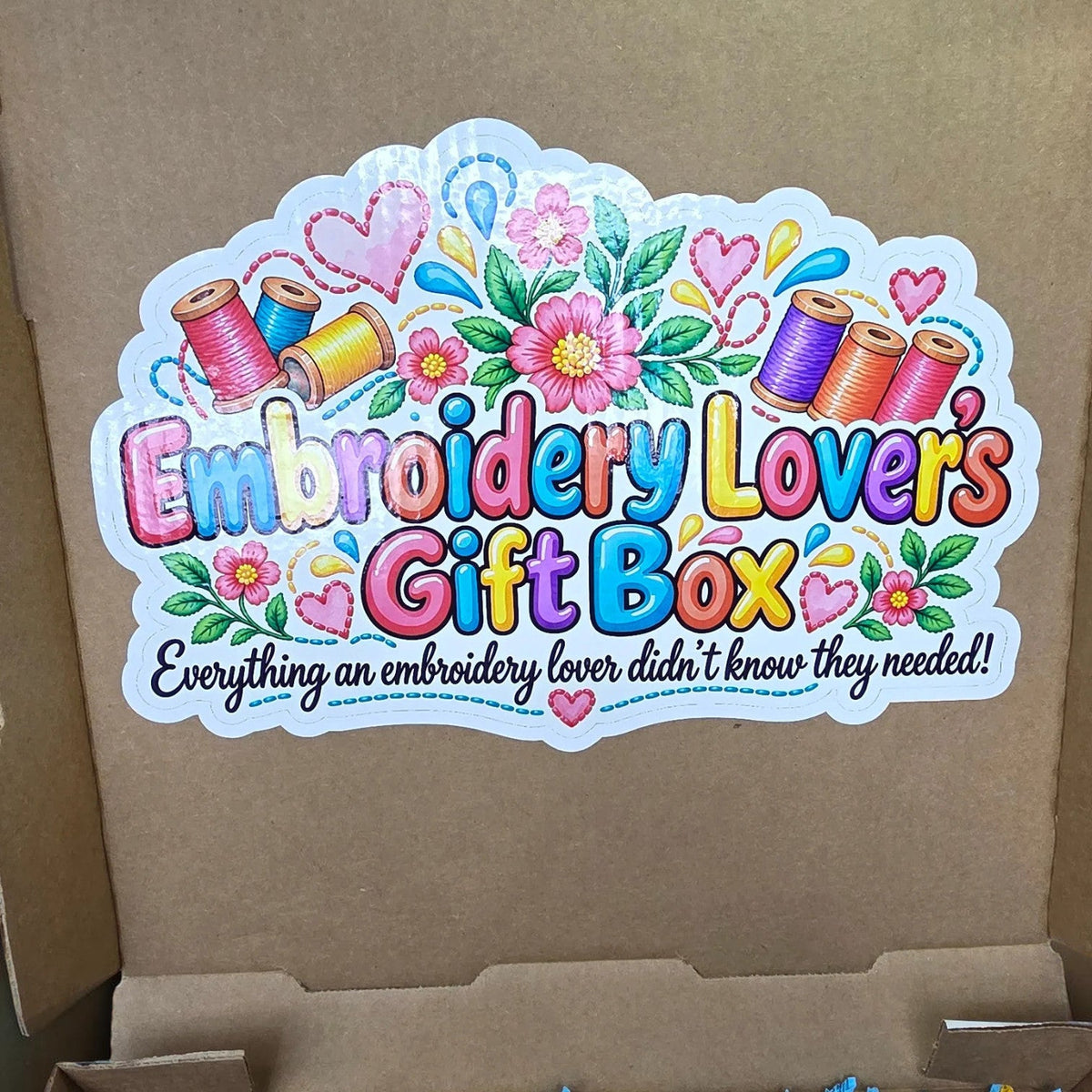 Colorful Embroidery Lover's Gift Box label inside the box lid