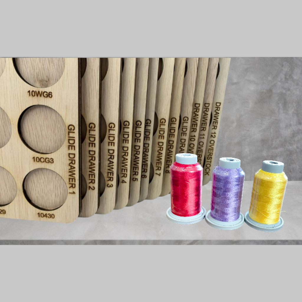 Glide Numbered Thread Storage Trays, 450 Spools — close-up of engraved Glide drawer labels on tray edges