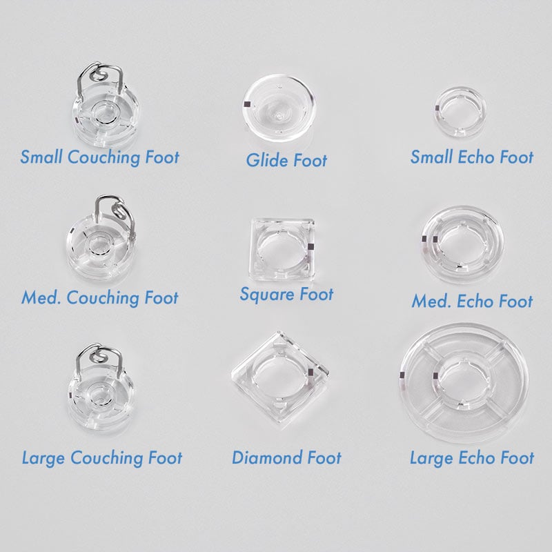 Grace Company 9-piece Q'nique Hopping Foot Set (SM15,16,19,21) — all nine interchangeable foot attachments