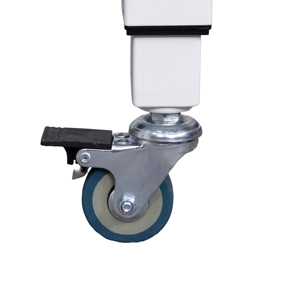Grace caster installed on a frame leg with brake engaged