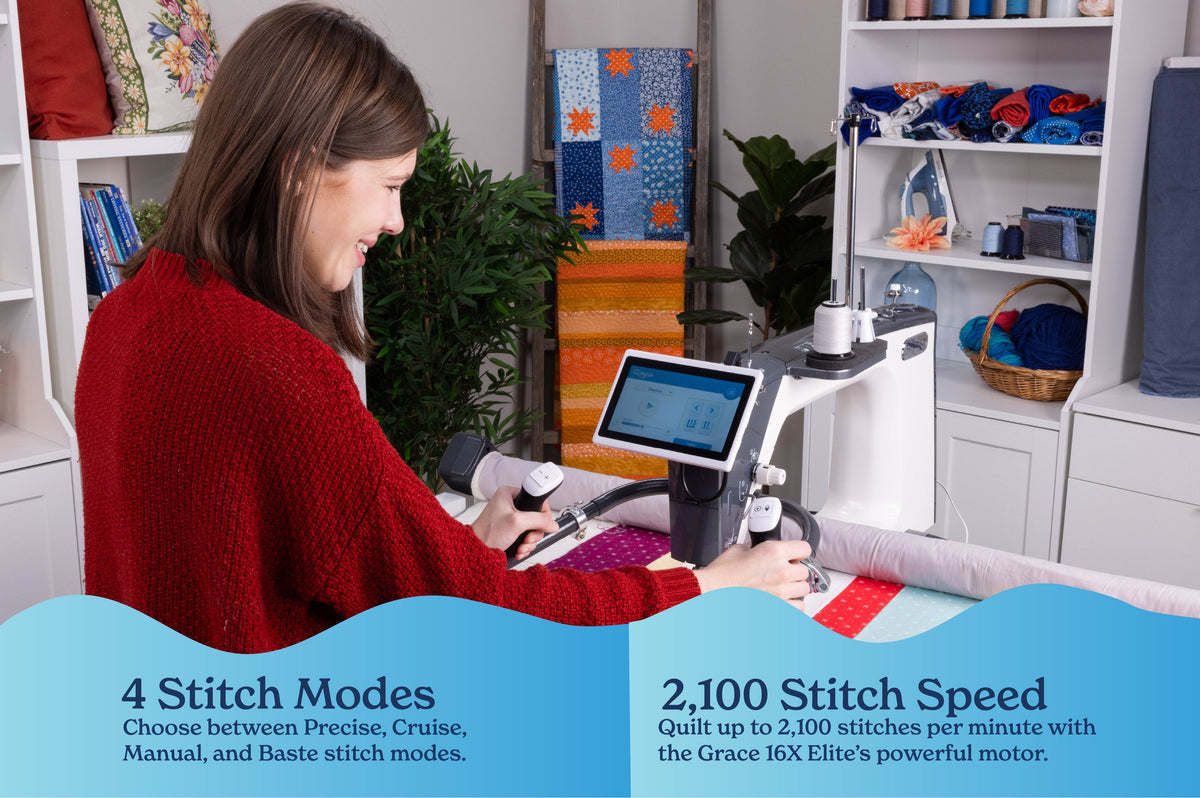 Grace Company Q’nique 16X Elite Longarm Quilting Machine — stitching modes and speed