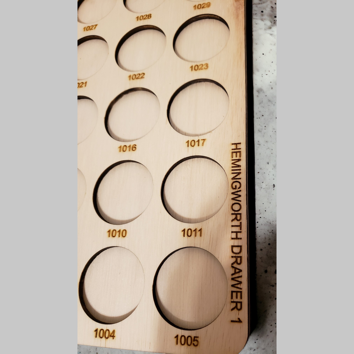 Hemingworth Numbered Thread Storage Trays, 360 Spools — close-up of numbered openings and drawer engraving