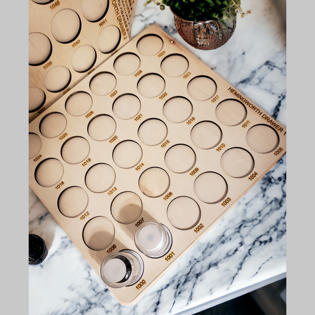 Hemingworth Numbered Thread Storage Trays, 360 Spools — angled overhead view of tray with capped sample spools