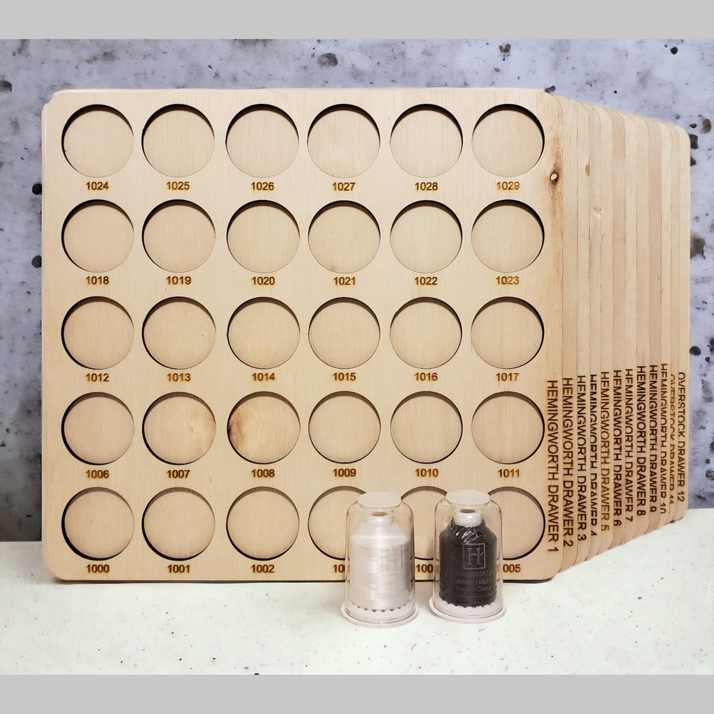 Hemingworth Numbered Thread Storage Trays, 360 Spools — numbered trays with capped Hemingworth sample spools